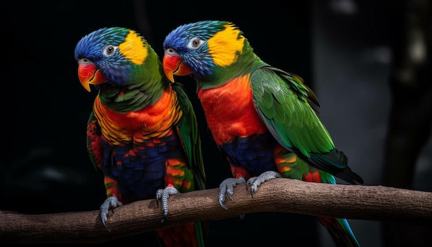 Vibrant macaw perching on branch in nature generated by AI