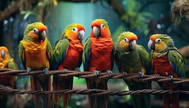 Vibrant macaw perching on a branch showcasing nature colorful beauty generated by artificial intelligence