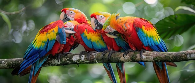 Photo vibrant macaws preening in lush amazon rainforest canopy