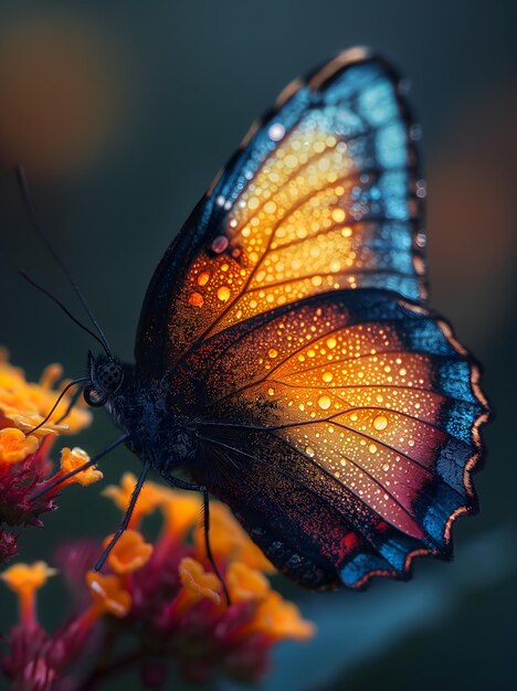 Vibrant Macro Photography of a Butterfly with Water Droplets on Wings