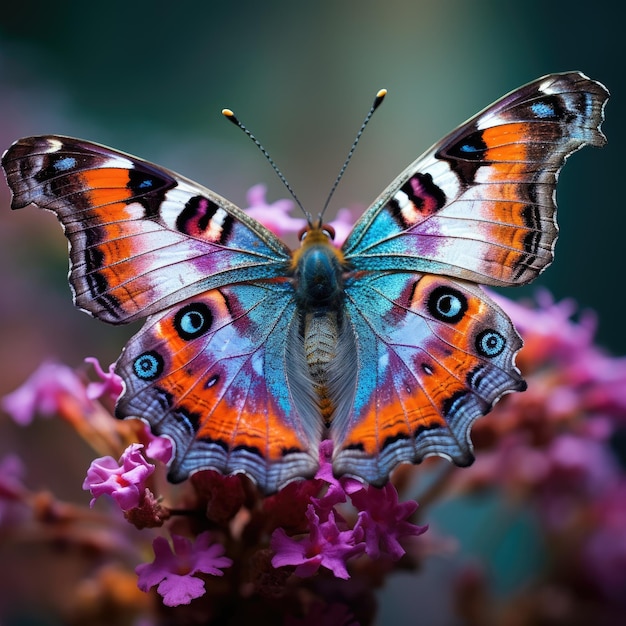 Vibrant macro shot of butterfly with spread wings perched on flower