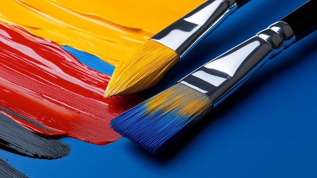 Photo a vibrant macro shot of two paintbrushes resting on a palette of bold contrasting colors the