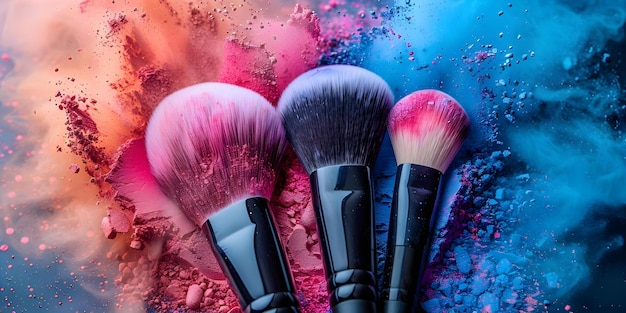 Vibrant Makeup Brushes and Powder Blast Creating a Splash of Beauty Concept Makeup Tools Beauty Tips Colorful Palette Makeup Tutorials Glamorous Looks