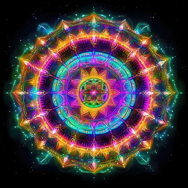 Vibrant Mandala With Glowing Lights And Sacred Geometry On Dark Background