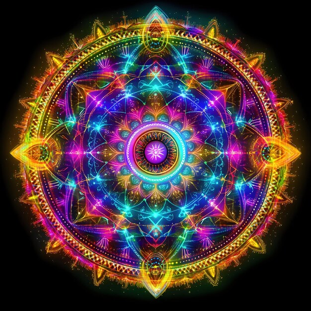 Photo vibrant mandala with glowing lightsethereal sacred geometry patternspiritual abstract digital art