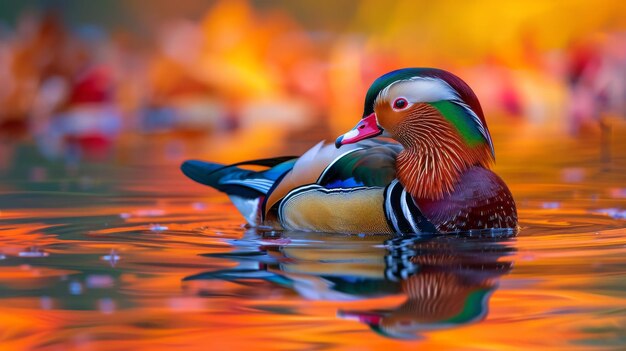 Photo a vibrant mandarin duck is gracefully swimming in the water