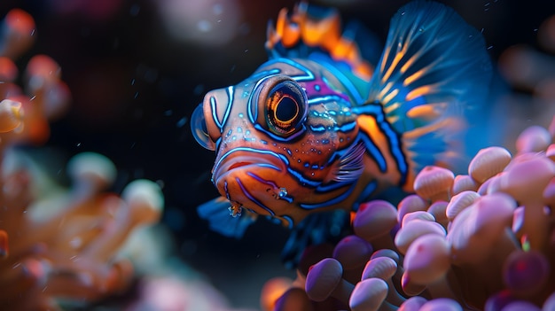 Vibrant Mandarinfish Among Colorful Coral Reefs in Underwater Marine Environment