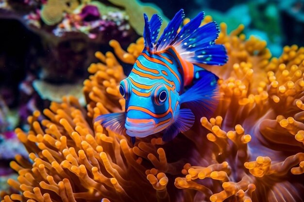 Vibrant mandarinfish swimming amongst vivid orange sea anemone in tropical coral reef