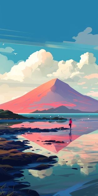 Vibrant Manga Coastline With Mountain Reflection