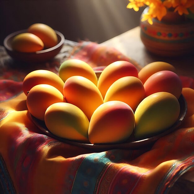 Vibrant Mangoes Above Traditional Fabric in Warm Afternoon Light