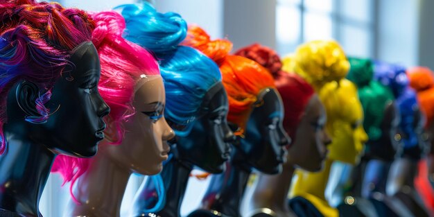 Photo vibrant mannequin heads display with colorful wigs on show