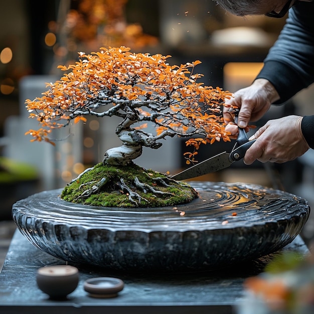 Photo vibrant maple bonsai tree being pruned bonsai shear placed sleek black ceramic dish moss growing