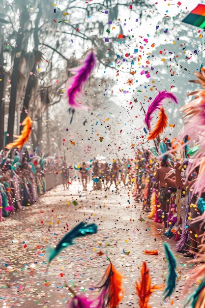 A vibrant Mardi Gras spectacle presents masked revelers dancing on the streets surrounded by floatin