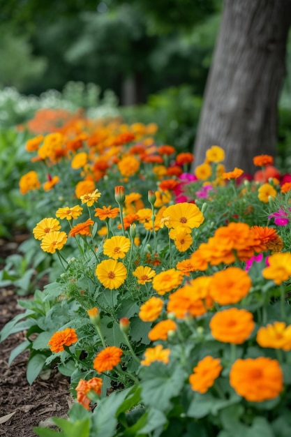 Vibrant marigolds and nasturtiums providing a colorful border and natural pest control