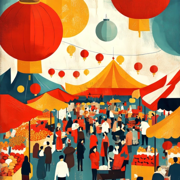 A vibrant market scene with red lanterns colorful tents and bustling crowds