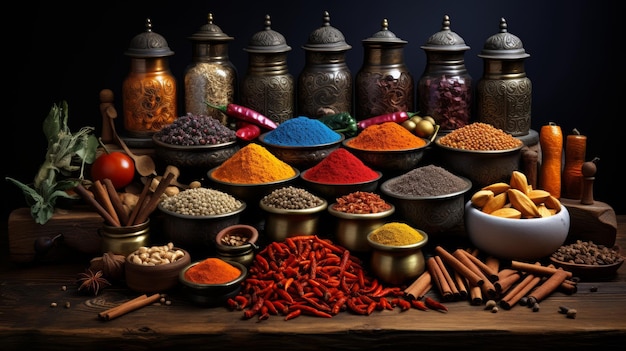 Vibrant market spices colors and textures with top space