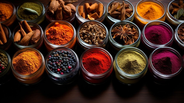 Vibrant market spices colors and textures with top space