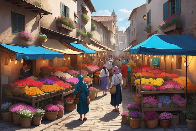 Vibrant Marketplace Digital Painting of Pappy Flower Stalls