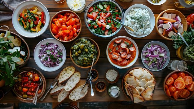 Vibrant Mediterranean Mezze Spread on Rustic Table with Various Appetizing Dishes