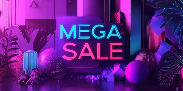 Photo vibrant mega sale banner featuring neo brutalism design with neon colors and abstract patterns