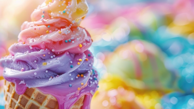 Vibrant Melting Ice Cream Cone at Summer Festival Closeup of Colorful Layers and Melting Streams Creating Artful Patterns