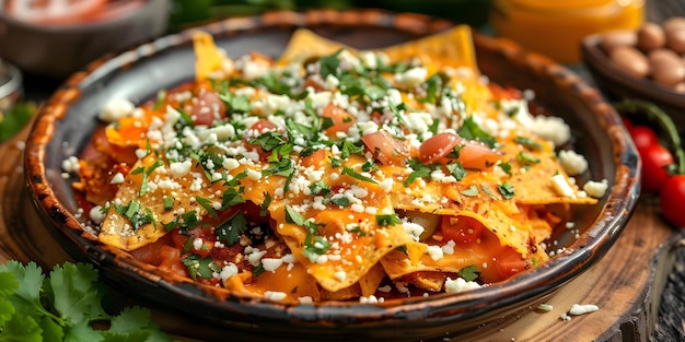 Photo vibrant mexican chilaquiles with cilantro cheese and beans concept mexican cuisine chilaquiles cilantro cheese beans