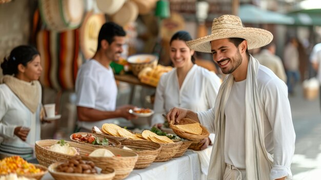 Vibrant Mexican Food Market Restaurant Scene with Lively Crowd Sampling Traditional Dishes