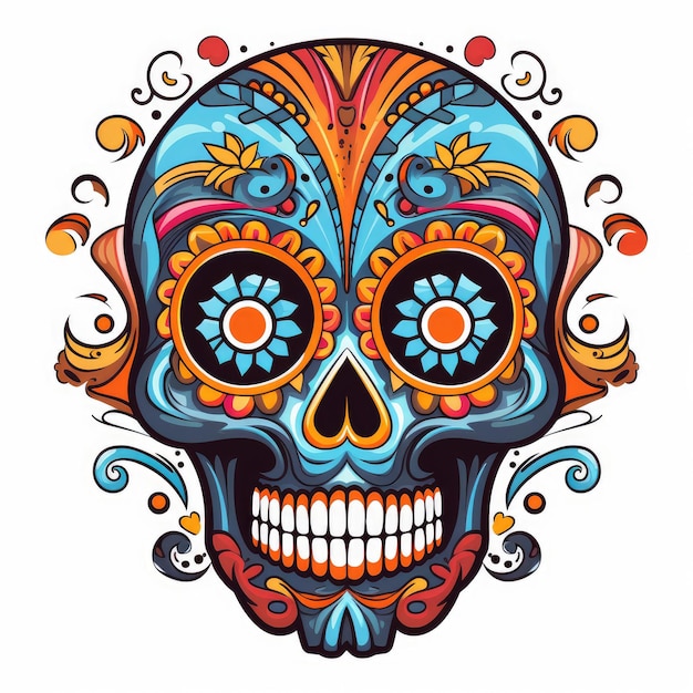 Vibrant Mexican Skull Lively Cartoon Vector Illustration on a White Background