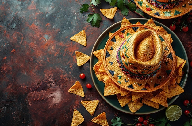 Photo a vibrant mexicanthemed food setup featuring a sombrero on a plate surrounded by nacho chips tomatoes and lime slices on a rustic table