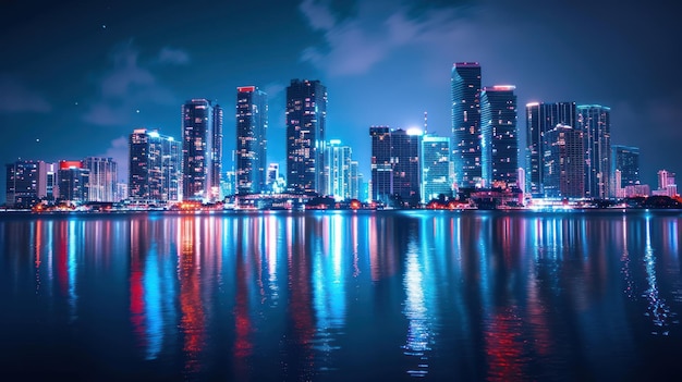 Photo vibrant miami skyline at night neon lights reflecting on water