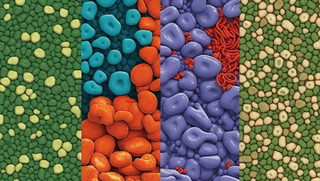 Photo vibrant microscopic images showcasing various cell structures and patterns