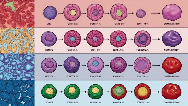 Photo vibrant microscopic images showcasing various cell structures and patterns