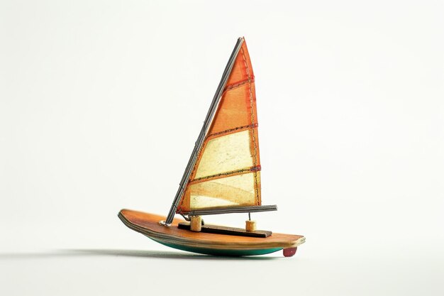 A vibrant miniature sailboat gracefully leans with the wind against a clean white backdrop