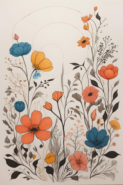 A vibrant minimalist drawing of flowers with an arched back