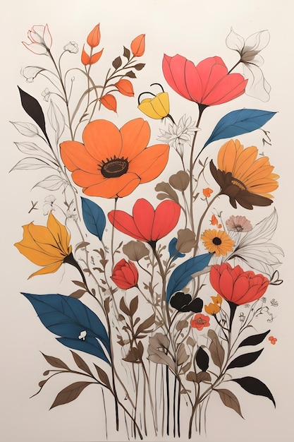 A vibrant minimalist drawing of flowers with an arched back