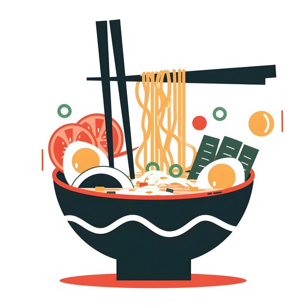 Photo vibrant and minimalistic flat design of delicious japanese ramen noodle soup bowl with chopped vegetables and chopsticks