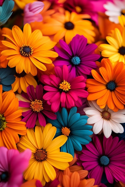 Photo a vibrant mix of colorful flowers showcasing bright petals in shades of pink purple orange and blue in a natural arrangement