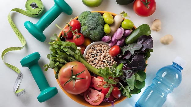 Photo a vibrant mix of fresh vegetables in a bowl paired with green dumbbells and a yellow measuring tape symbolizes a balanced lifestyle of healthy eating and fitness