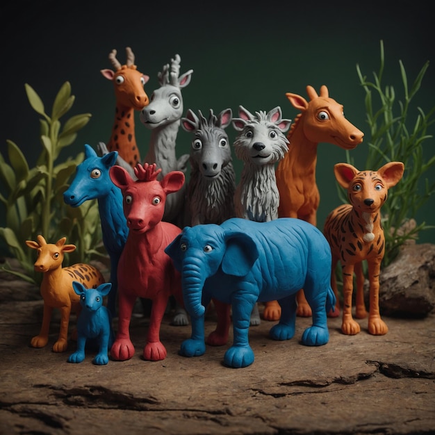 Photo a vibrant mix of plasticine animals featuring both farm friends and wild jungle inhabitants in a playful colorful scene