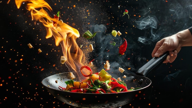 Photo the vibrant mix of vegetables leaps from the wok as it is tossed in midair with flames erupting and smoke swirling around showcasing a dynamic cooking action