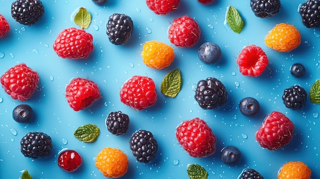 Photo vibrant mixed berries floating on a blue backdrop perfect for food blogs and culinary designs