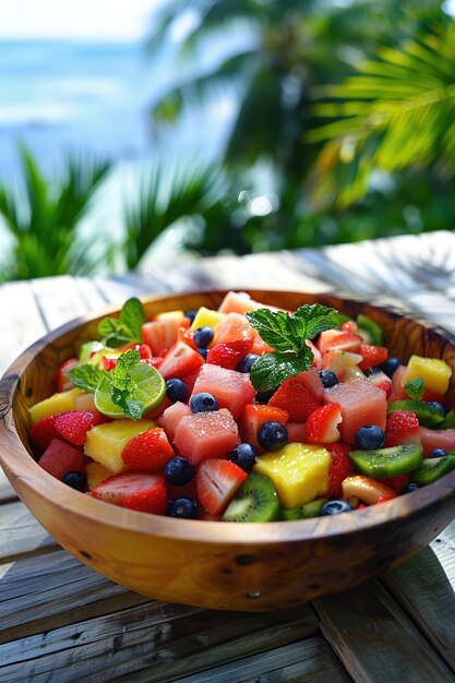 Photo vibrant mixed fruit salad with strawberries blueberries pineapple watermelon green grapes kiwi