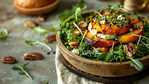 Photo a vibrant mixed greens salad with grilled peaches goat cheese and candied pecans