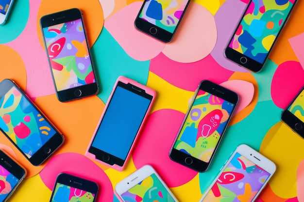 Photo vibrant mobile phones arranged on a colorful backdrop showcasing unique screen designs