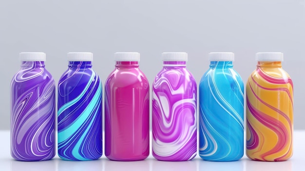 Photo vibrant mockup of iced fruit smoothie bottles with layers of colorful fruit puree