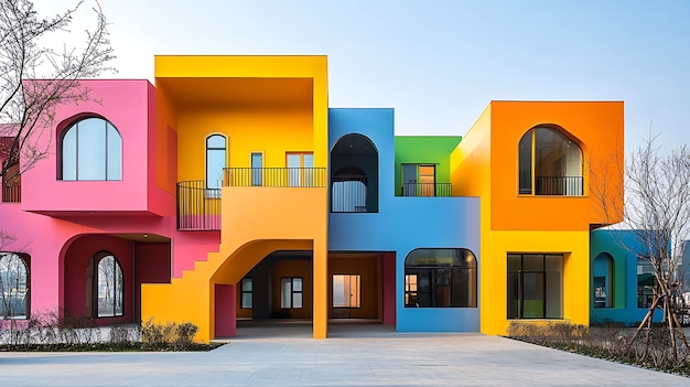 Vibrant modern architecture featuring colorful buildings in shades of pink orange blue and green against a clear sky