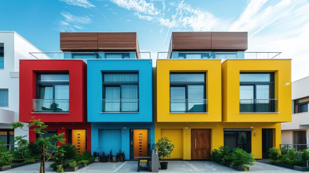 Photo vibrant modern architecture featuring colorful houses in a suburban neighborhood with clear blue skies