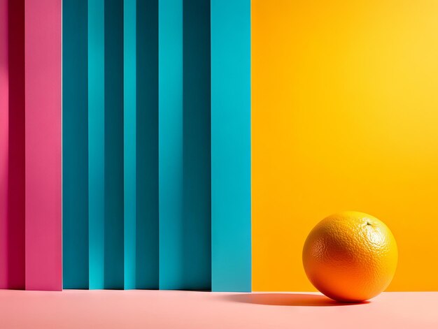 Photo vibrant modern art with a single orange against colorful geometric background of pink blue and yellow creating dynamic visual contrast