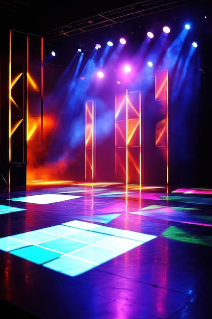 Vibrant Modern Dance Floor with Colorful Neon Lights and Smoke Effects in a Nightclub Setting