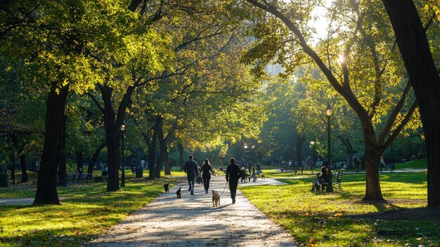 Vibrant Monday Morning at Urban Park People Walking Dogs in Active Social Scene